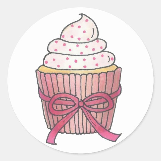 Roze Cupcake Bow Sprinkles Baby Vrijgezellenfeest Ronde Sticker (Voorkant)