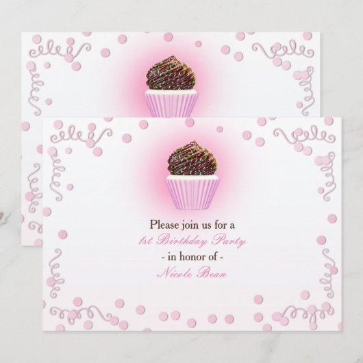 Roze Cupcake Confetti Verjaardagsfeest Uitnodiging (Voorkant / Achterkant)