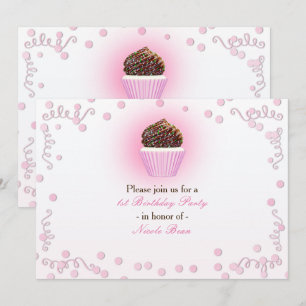 Roze Cupcake Confetti Verjaardagsfeest Uitnodiging