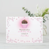 Roze Cupcake Confetti Verjaardagsfeestje Uitnodigi Kaart (Staand voorkant)