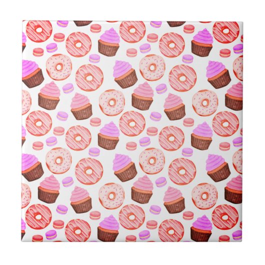 Roze cupcake Donut Macaron Patroon Tegeltje (Voorkant)