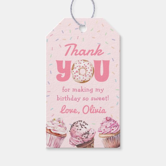 Roze Cupcake & Donut Verjaardagsfeest Gift Label Cadeaulabel (Voorkant)