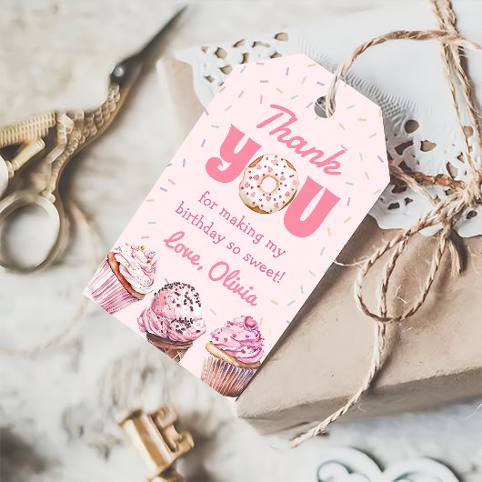 Roze Cupcake & Donut Verjaardagsfeest Gift Label Cadeaulabel