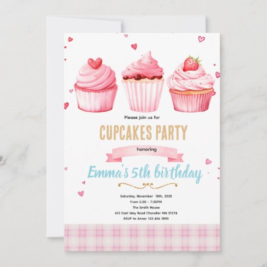 Roze cupcake feestthema uitnodiging (Voorkant)