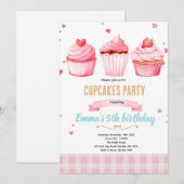 Roze cupcake feestthema uitnodiging (Voorkant / Achterkant)