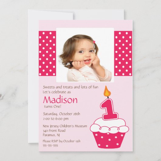 Roze cupcake Foto geboortedag uitnodiging (Voorkant)