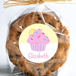 Roze cupcake gele harten naam leuk modern school ronde sticker
