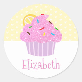 Roze cupcake gele hartjes naam schattige moderne s ronde sticker
