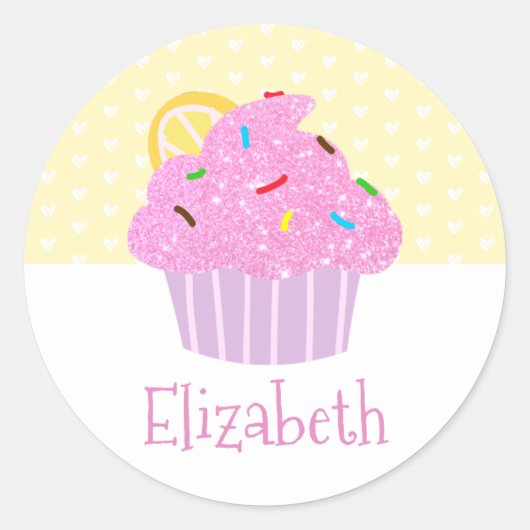 Roze cupcake gele hartjes naam schattige moderne s ronde sticker (Voorkant)