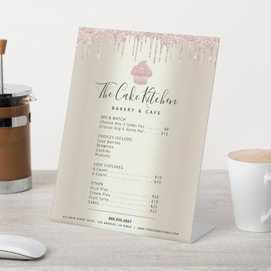 Roze cupcake Glitter Drift Gold Menu Prijslijst Reclamebord Met Voetstuk (Insitu)