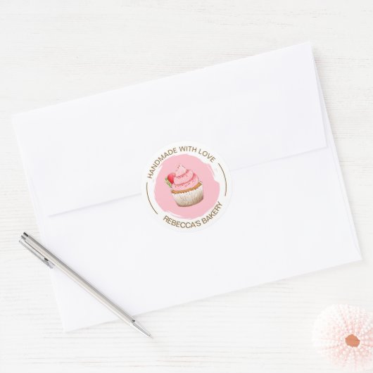 Roze Cupcake Handgemaakt met Love Sticker (Envelop)