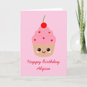 Roze Cupcake Karakter Happy Birthday Kaart