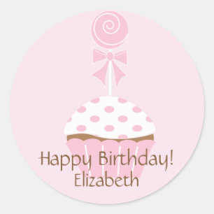 Roze Cupcake Lollipop Happy Birthday Sticker