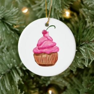 Roze cupcake met Cherry Keramisch Ornament