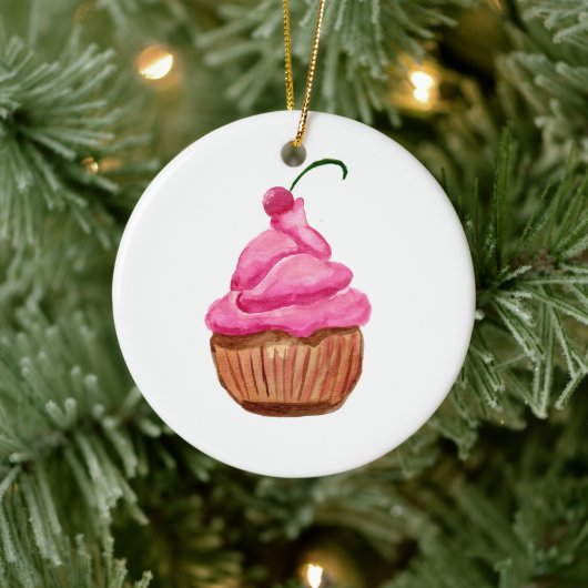 Roze cupcake met Cherry Keramisch Ornament (Boom)