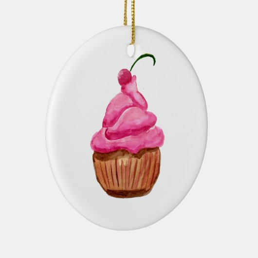 Roze cupcake met Cherry Keramisch Ornament (Rechts)
