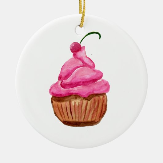 Roze cupcake met Cherry Keramisch Ornament (Voorkant)