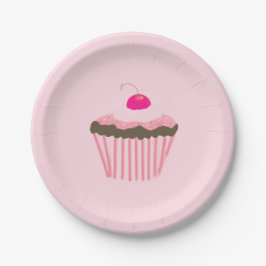 Roze Cupcake met een Kers erop Papieren Bordje