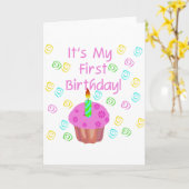 Roze cupcake met kaars Eerste Verjaardag Kaart (Gele Bloem)