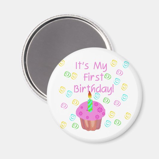 Roze cupcake met kaars Eerste Verjaardag Magneet (Voorkant / Achterkant)