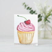 Roze cupcake met kers briefkaart (Staand voorkant)