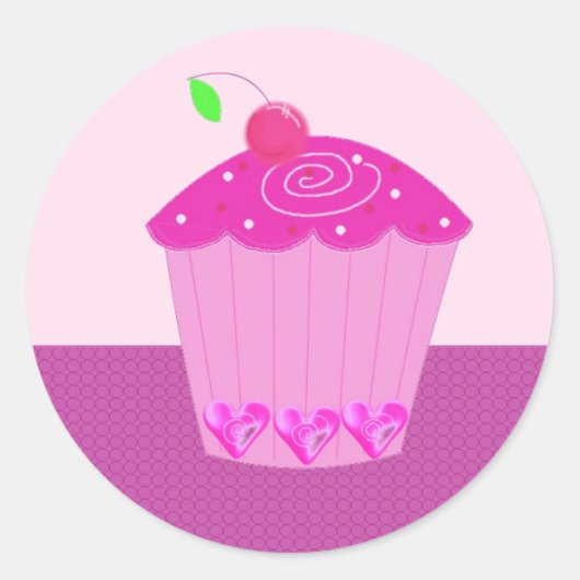 Roze Cupcake met Kers erop Ronde Sticker (Voorkant)