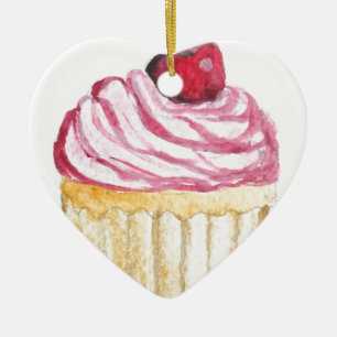 Roze cupcake met kers keramisch ornament