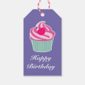 Roze Cupcake met Polka Dot Cherry Happy Birthday Cadeaulabel (Voorkant)