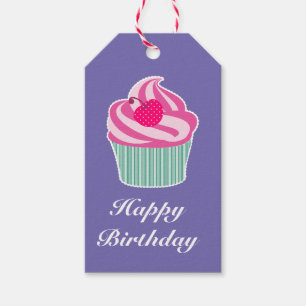 Roze Cupcake met Polka Dot Cherry Happy Birthday Cadeaulabel