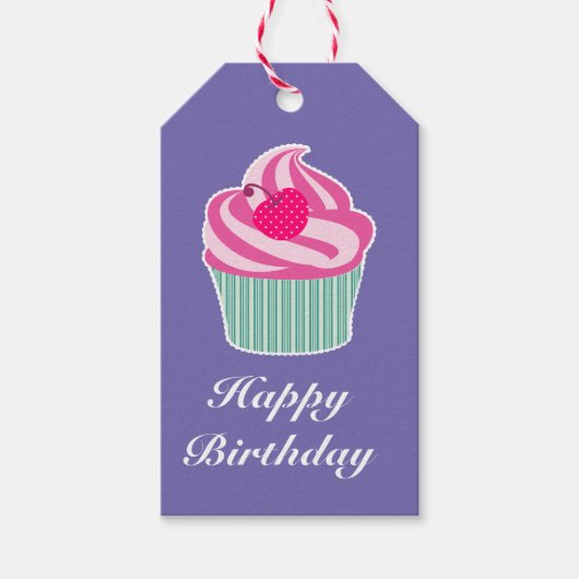 Roze Cupcake met Polka Dot Cherry Happy Birthday Cadeaulabel (Voorkant)