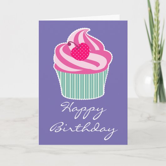 Roze Cupcake met Polka Dot Cherry Happy Birthday Kaart (Voorkant)