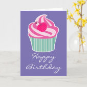 Roze Cupcake met Polka Dot Cherry Happy Birthday Kaart (Gele Bloem)
