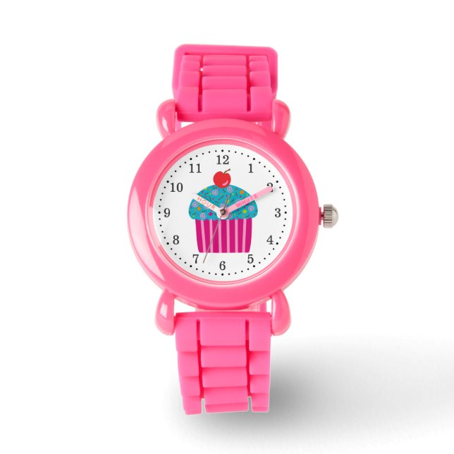 Roze Cupcake met Turquoise Frosting Red Cherry Horloge (Voorkant)