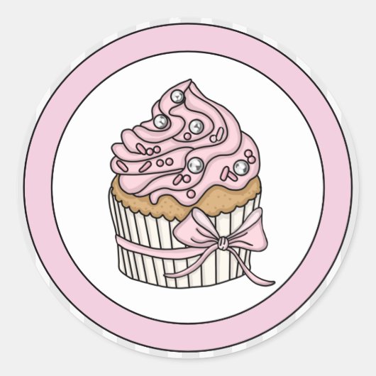 Roze Cupcake met Zilveren Strooisel Ronde Sticker (Voorkant)