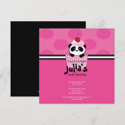 Roze Cupcake Panda Birthday Party Invitation Kaart (Voorkant / Achterkant)