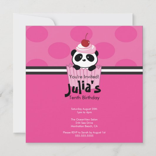 Roze Cupcake Panda Birthday Party Invitation Kaart (Voorkant)