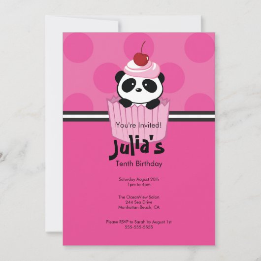 Roze Cupcake Panda Birthday Party Invitation Kaart (Voorkant)