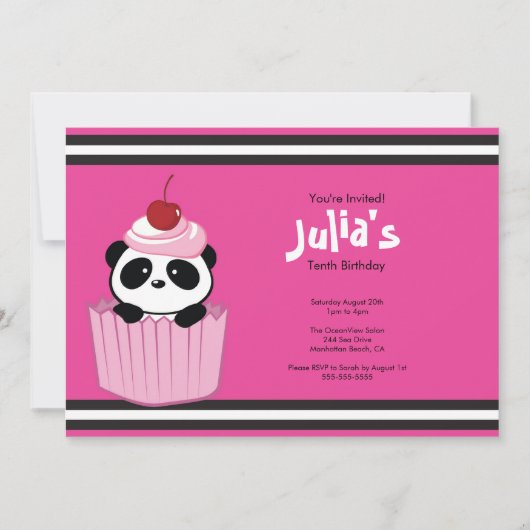 Roze Cupcake Panda Birthday Party Invitation Kaart (Voorkant)