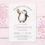 Roze Cupcake Pinguïn Celebration, kind Kaart<br><div class="desc">Vier de speciale dag van je kleine meisje met onze schattige aanpasbare verjaardagsuitnodiging met een lieve pinguïn met een cupcake temidden van een charmante blauwe confetti achtergrond, allemaal gedaan in een heerlijke waterverf stijl. Met zijn speelse cartoon feel en aanpasbare tekstopties, geeft deze 5 "x7"-uitnodiging de perfecte toon voor een...</div>