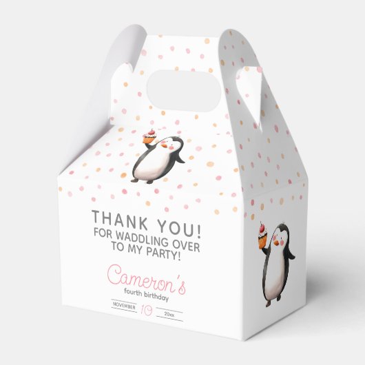 Roze cupcake pinguïn viering meisje verjaardag bedankdoosjes (Voorkant Zijde)