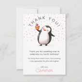 Roze cupcake pinguïn viering meisje verjaardag bedankkaart (Voorkant)