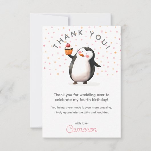 Roze cupcake pinguïn viering meisje verjaardag bedankkaart (Voorkant)