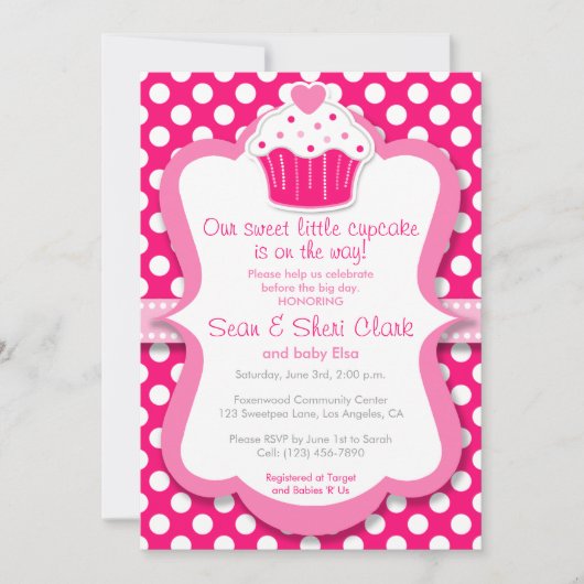 Roze Cupcake Polka Dot Girl Baby shower Uitnodigin Kaart (Voorkant)