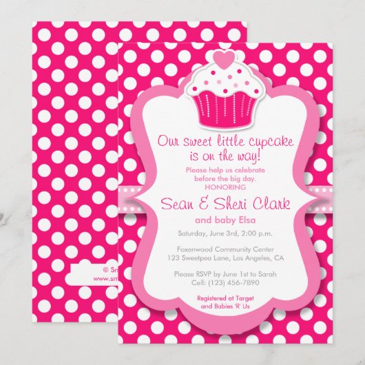 Roze Cupcake Polka Dot Girl Baby shower Uitnodigin Kaart (Voorkant / Achterkant)