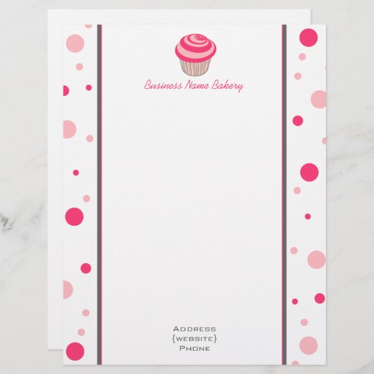 Roze Cupcake Polka Dot Letterhead Briefhoofd Ontwerp (Voorkant / Achterkant)