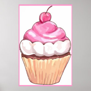 Roze Cupcake Poster Kunstwerk - Muurontwerp Keuken