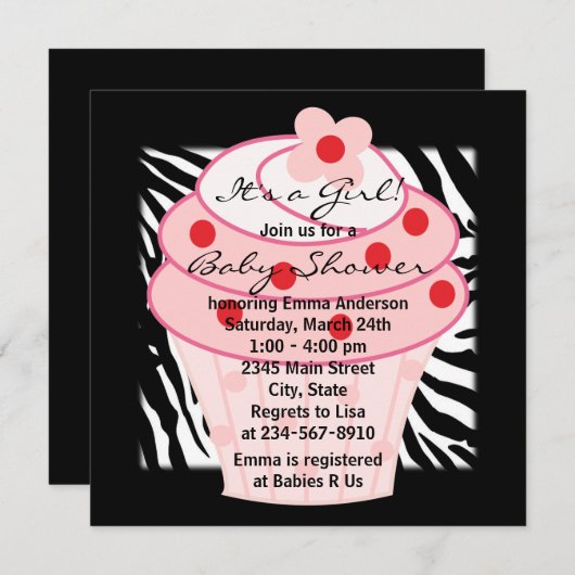 Roze Cupcake Roze Zebra Baby shower Kaart (Voorkant / Achterkant)