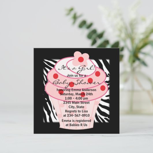 Roze Cupcake Roze Zebra Baby shower Kaart (Staand voorkant)