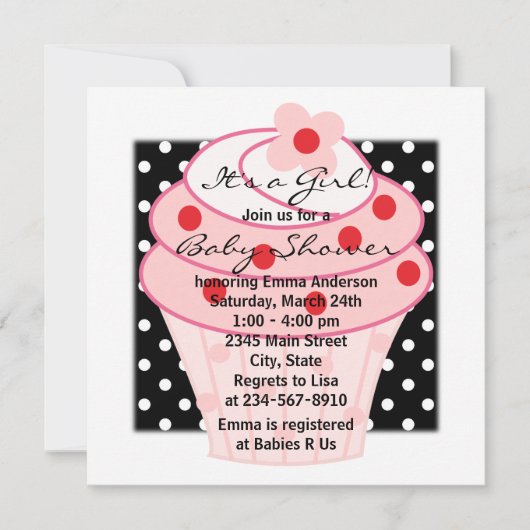 Roze Cupcake Roze Zwarte Polka Dot Baby shower Kaart (Voorkant)