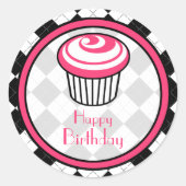 Roze Cupcake Sticker - Zwart Argyle (Voorkant)